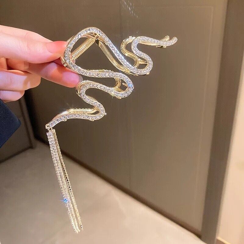 Crystal Hair Clip Rhinestone Large Snake Hair Claw Tassel Chain Flash Clamp Pin