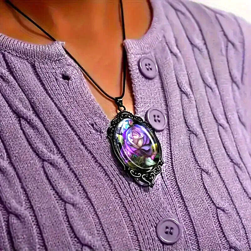 Vintage Purple Rose Necklace Gothic Pendant Fashion Jewelry Women Girls Gift