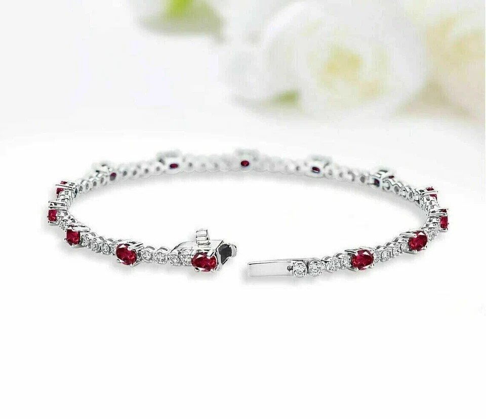 10 Ct Oval Cut Simulated Ruby 925 White Sterling Silver Stunning Tennis Bracelet