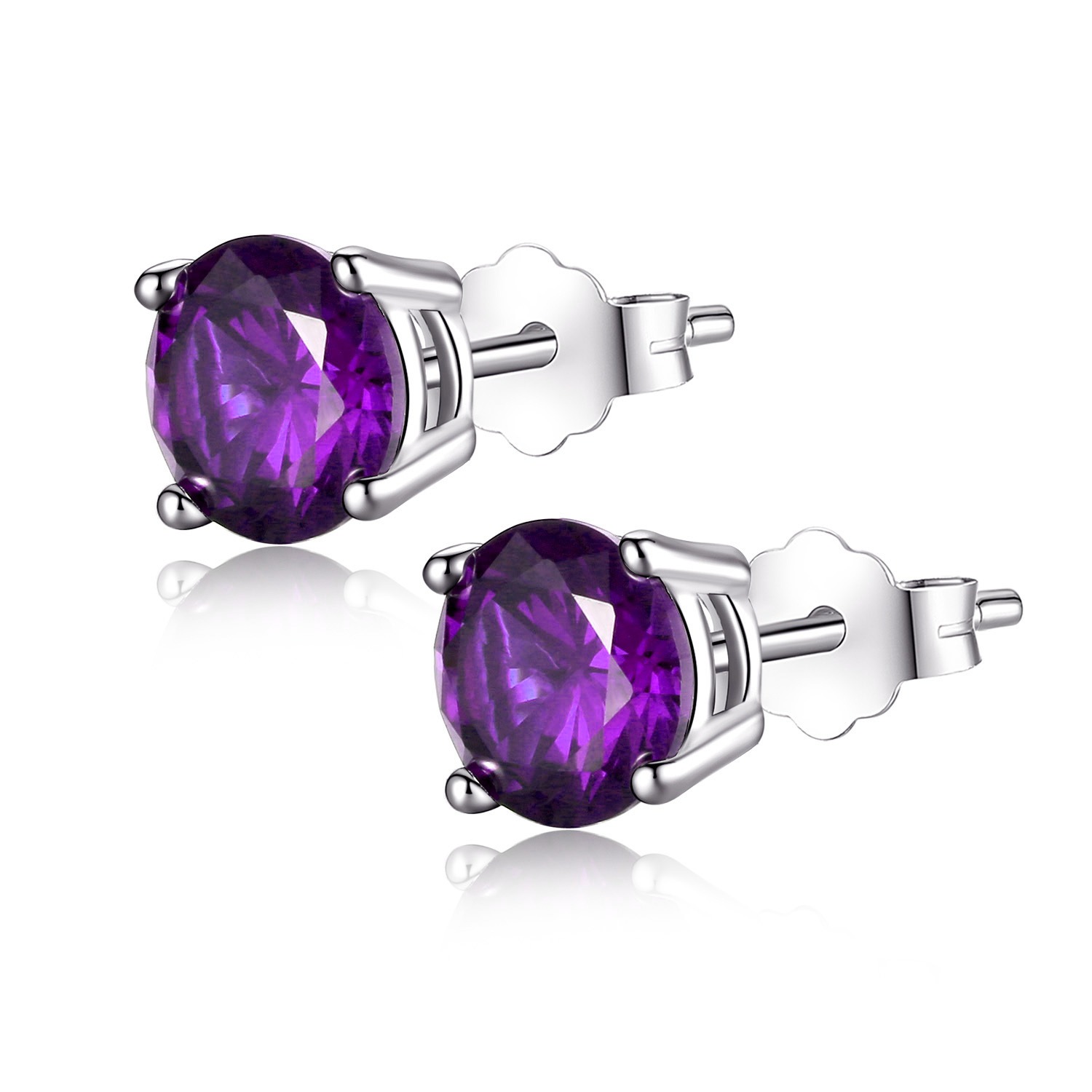 Sterling Silver Round Shaped Simulated Amethyst Stud Earrings Gifts for Girl Her