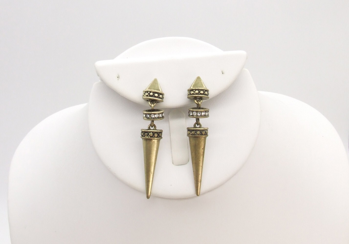 2 1/8″ Antiqued Gold-T Spiked Stud Rhinestone & Satin Gold Spike Dangle Earrings