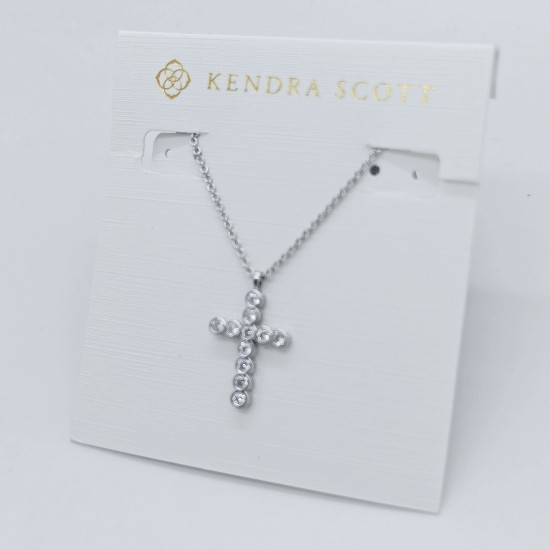 New Kendra Scott Cross Crystal Silver Pendant Necklace in White Cubic Zirconia
