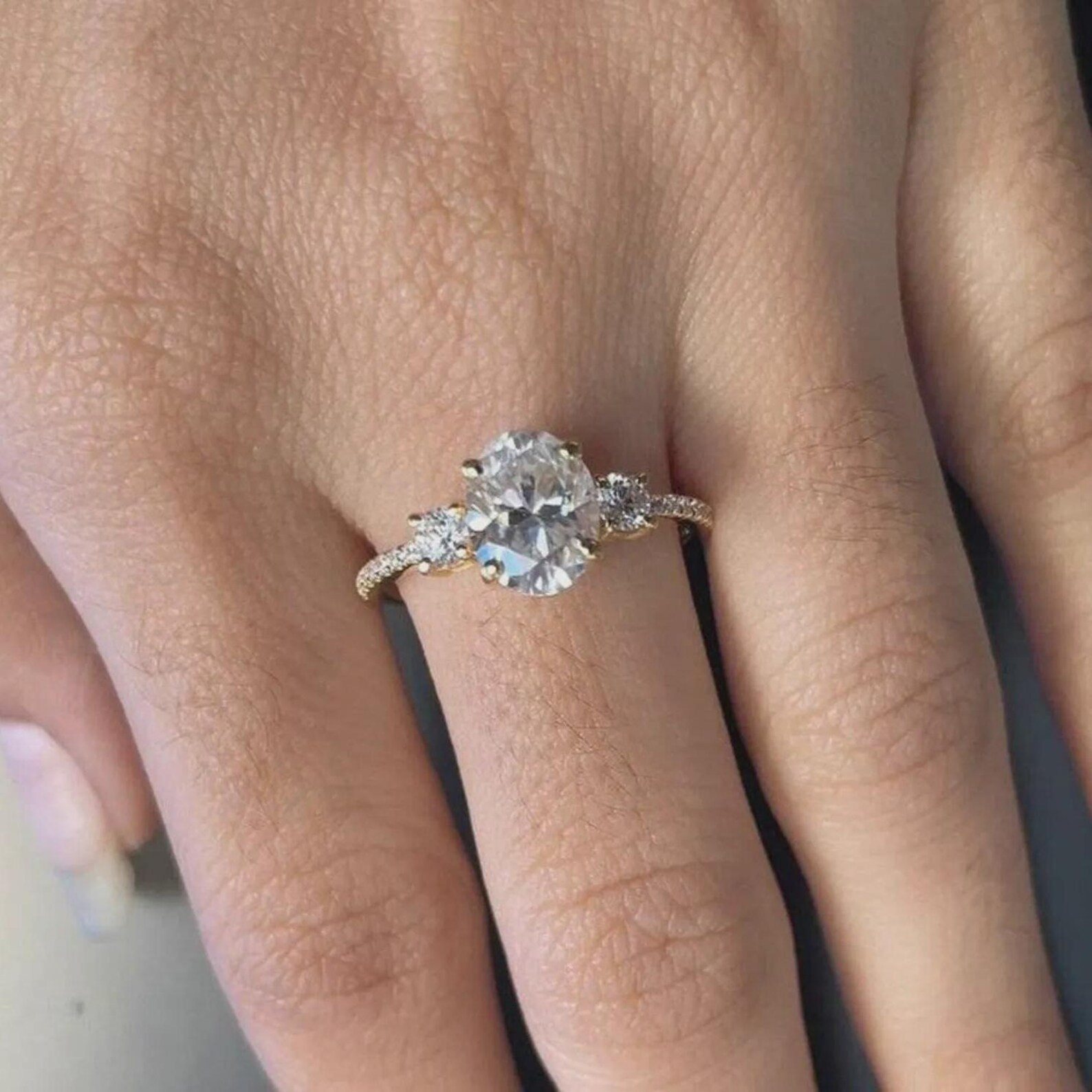 2CT Oval Cut Moissanite Three Stone Engagement Ring, Pave Set Wedding Band