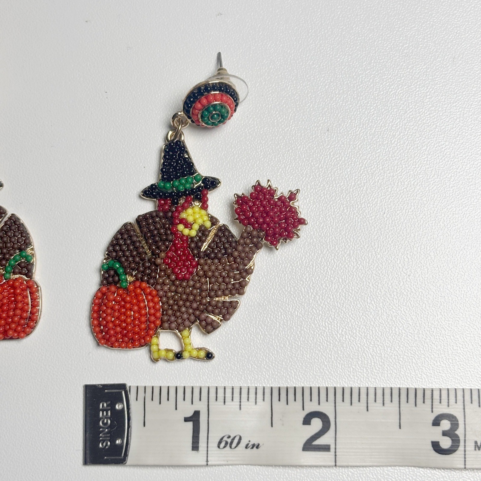 Beaded Thanksgiving Turkey Pilgrim Hat Pumpkin Maple Leaf Dangle Earrings Gold