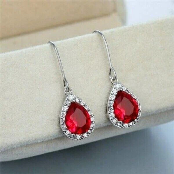 1.95 Ct Pear Cut Ruby Earrings Gift Earrings 14K Solid White Gold