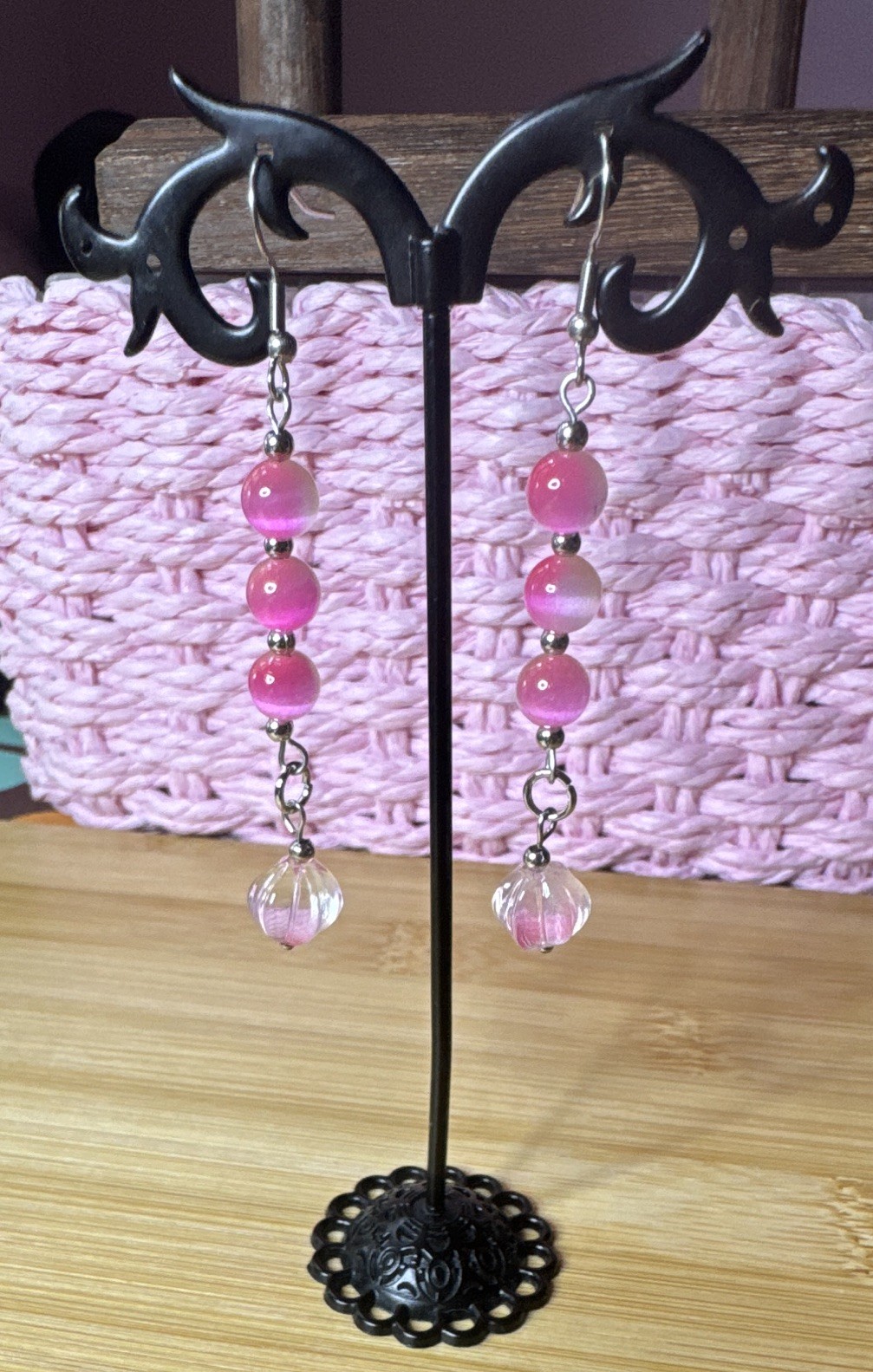 Pink Glass Beaded Dangle Drop Earrings Round Beads Metal Hook Closure