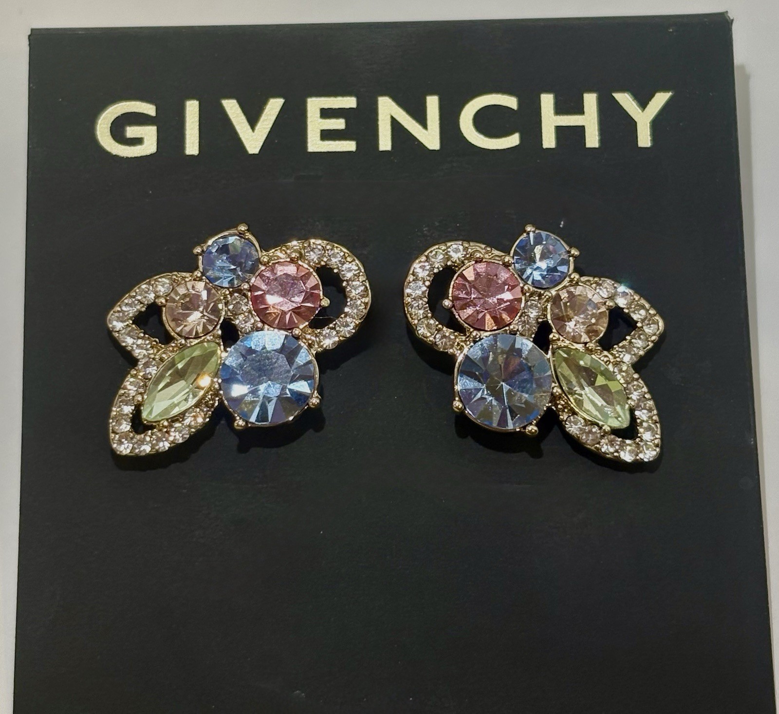 Givenchy Crystal Stud Earrings Gold Tone Pink Blue Green Rhinestone NWT Card