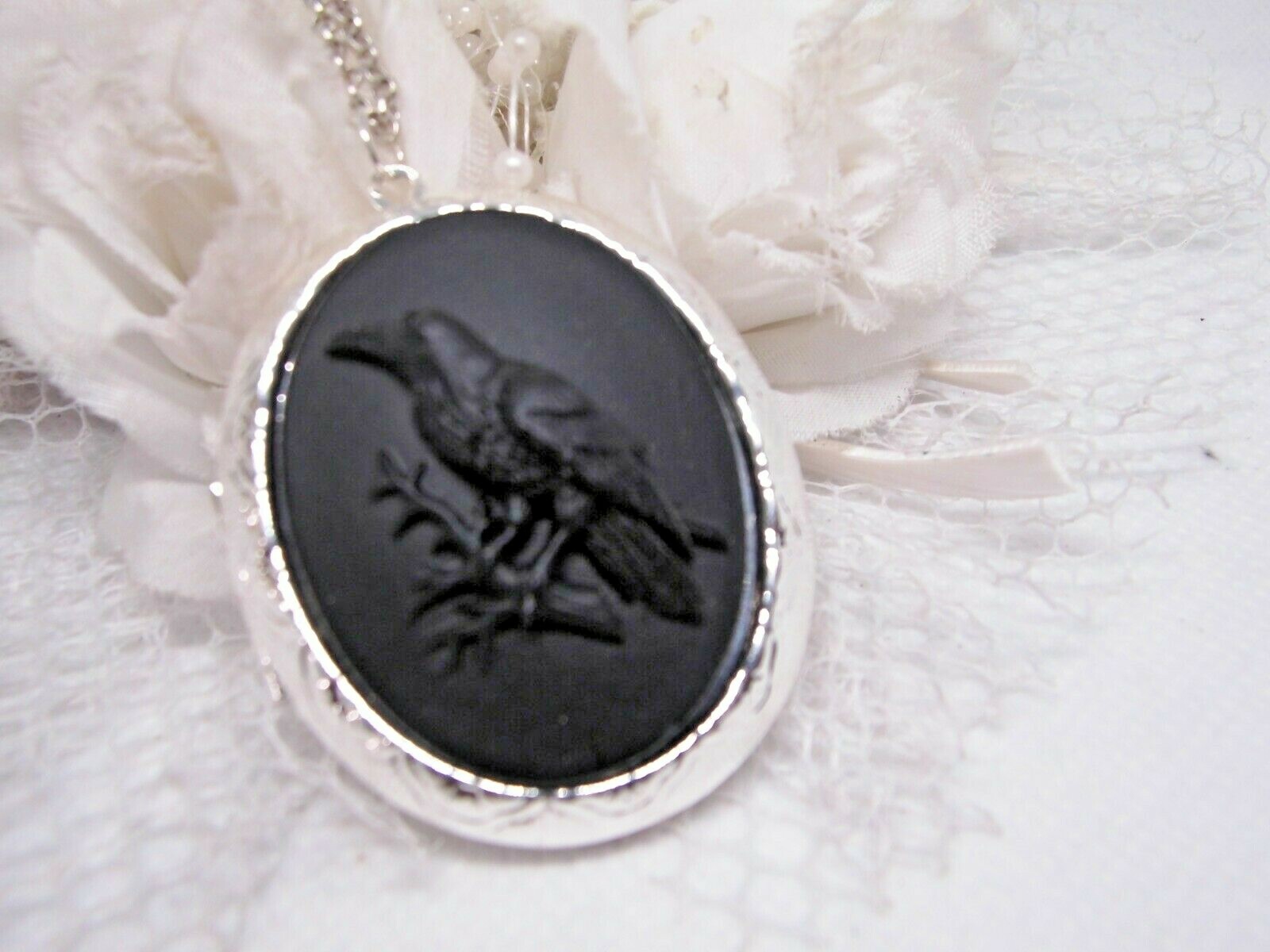 BLACK raven CROW pill box Cameo Steampunk Goth Necklace Locket MEDIEVAL stash