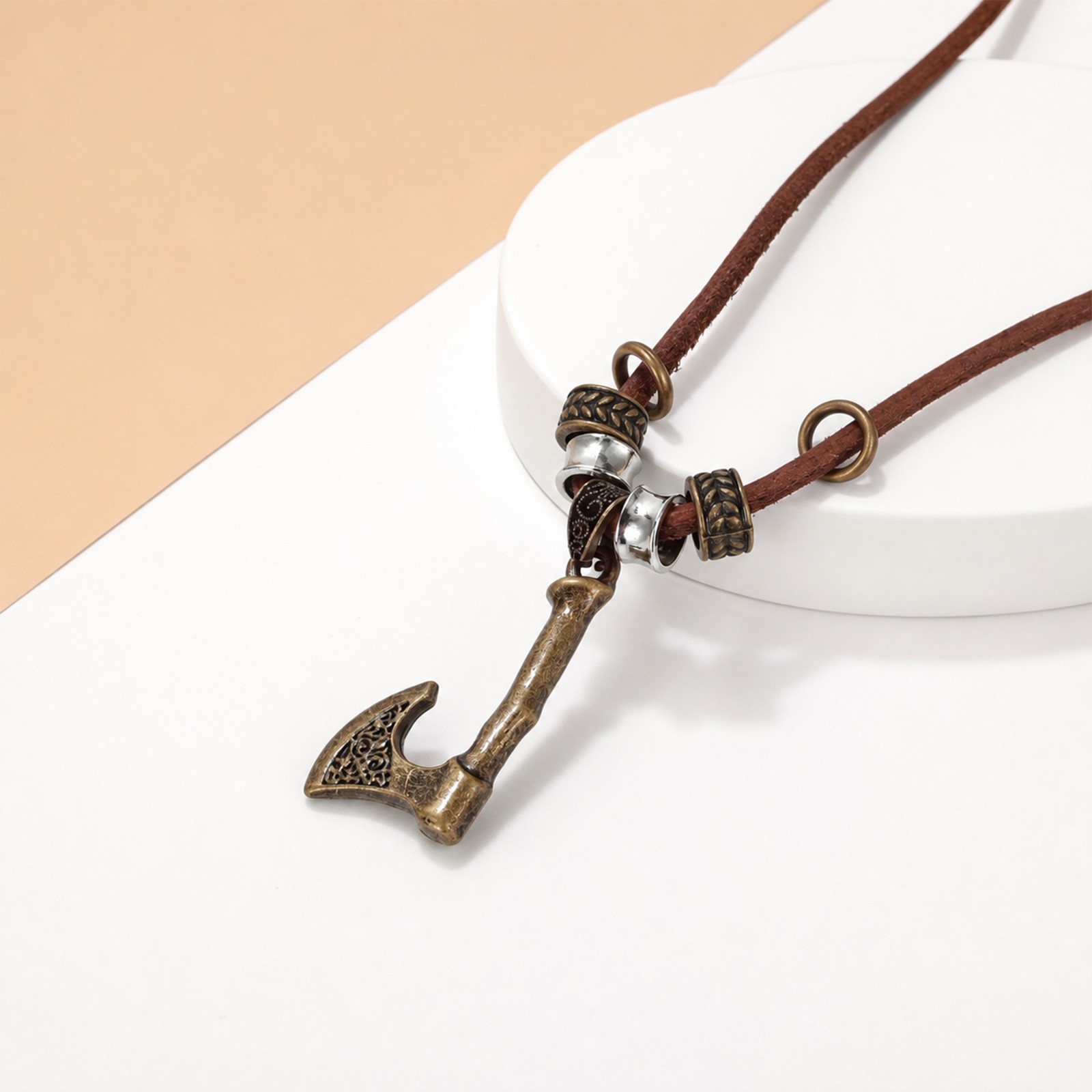 Men’s Retro Tribal Viking Axe PU Leather Cord Necklace for Punk Street Wear