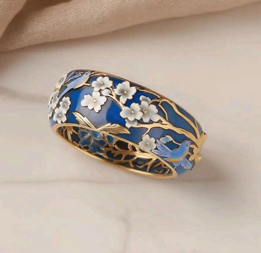 Champleve Enamel Flower Ring Stainless Steel Blue Bird