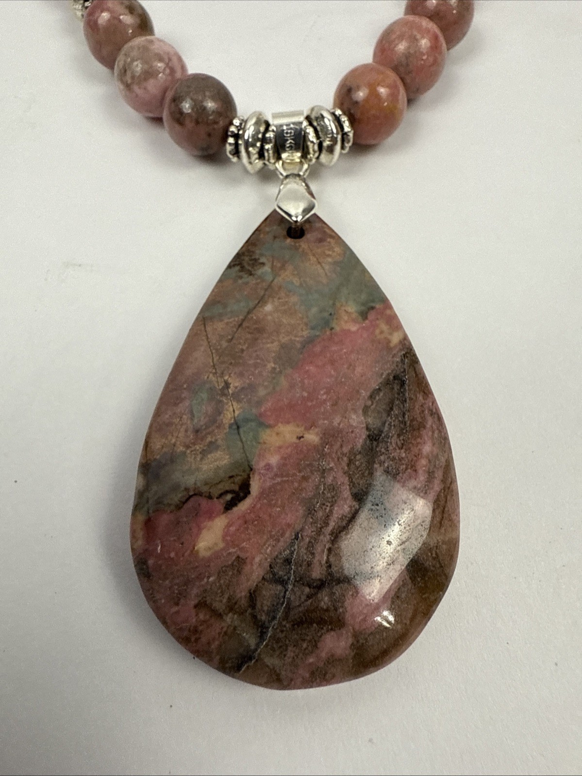 Pink Rhodonite Pendant With Smooth Round Gemstones With Matching Ear Rings 18KGP