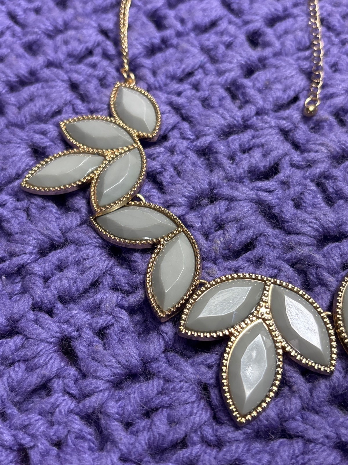 Grey Plastic Rhinestone Statement Necklace Goldtone 16 – 19 inches Long