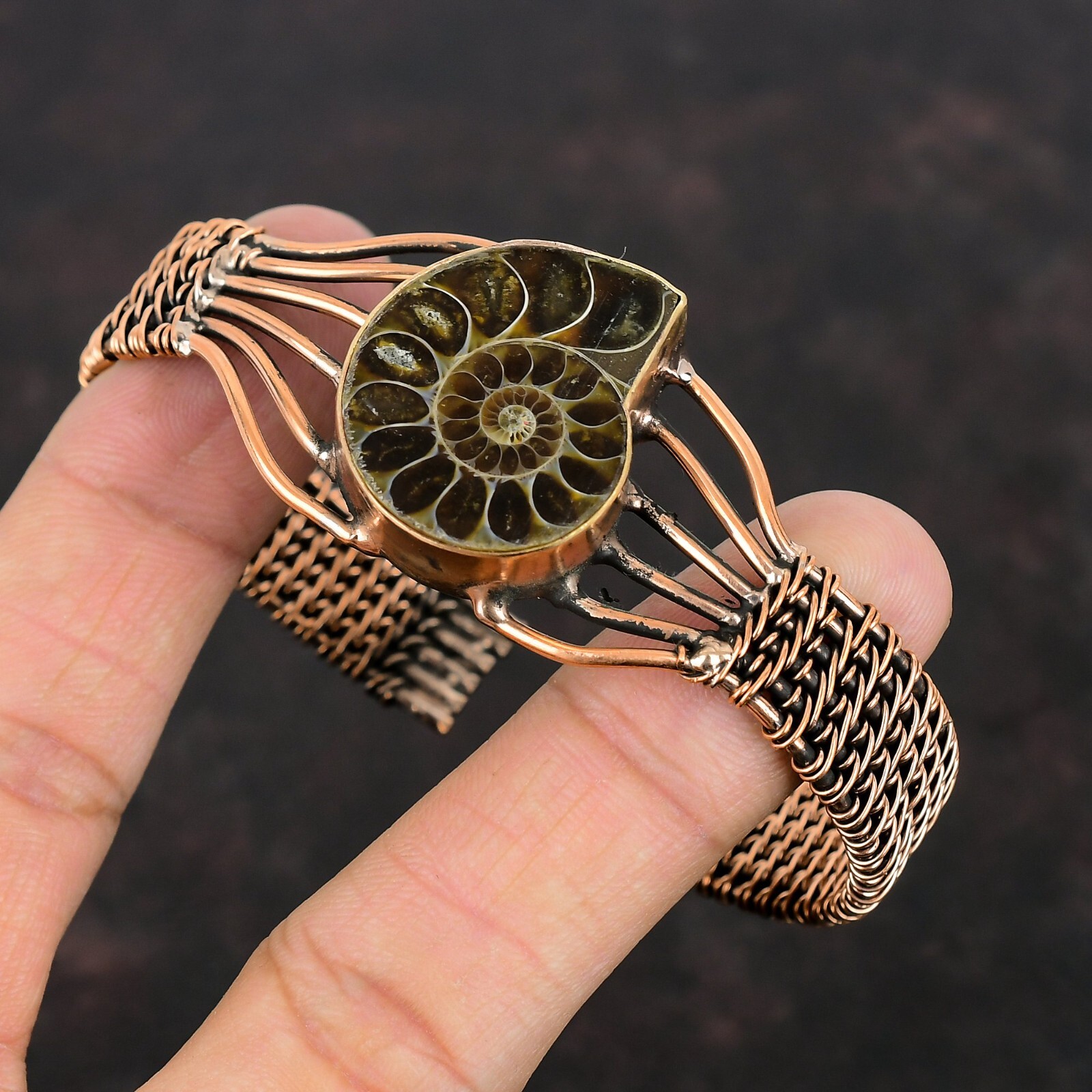 Ammonite Fossil Wire Wrapped Adjustable Bangle Handcrafted Copper Holiday