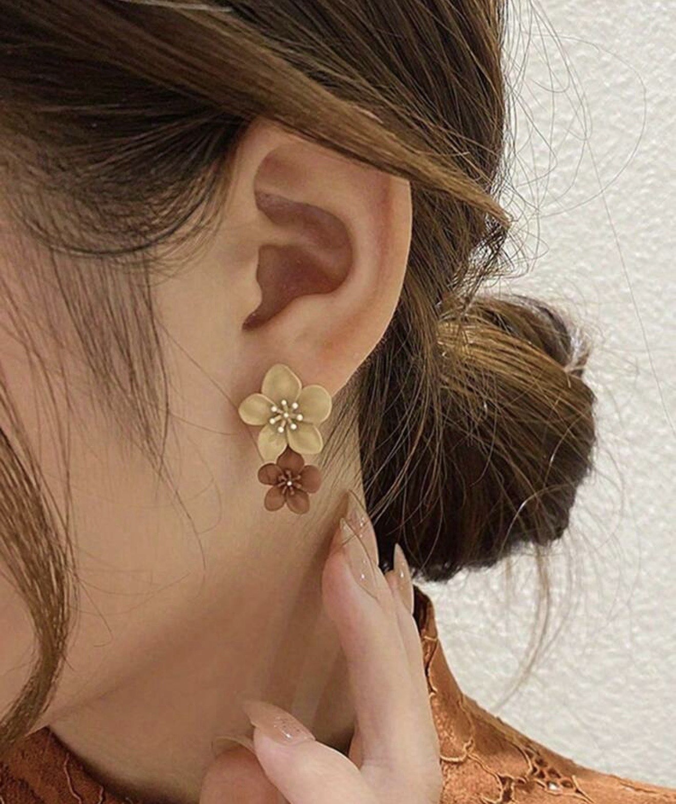 REINA Beige/Brown Flower Plastic Dangle/Drop Earrings, Butterfly, No Stone