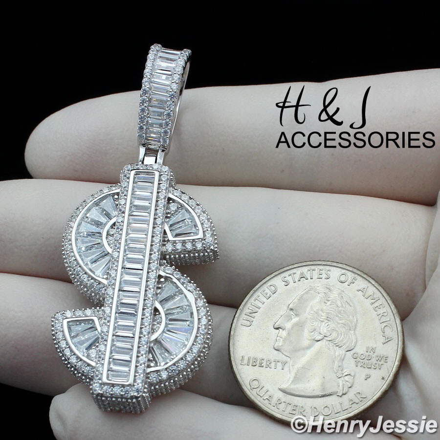 MEN 925 STERLING SILVER ICY CZ SILVER/GOLD PLATED DOLLAR $ SIGN PENDANT*ASP345