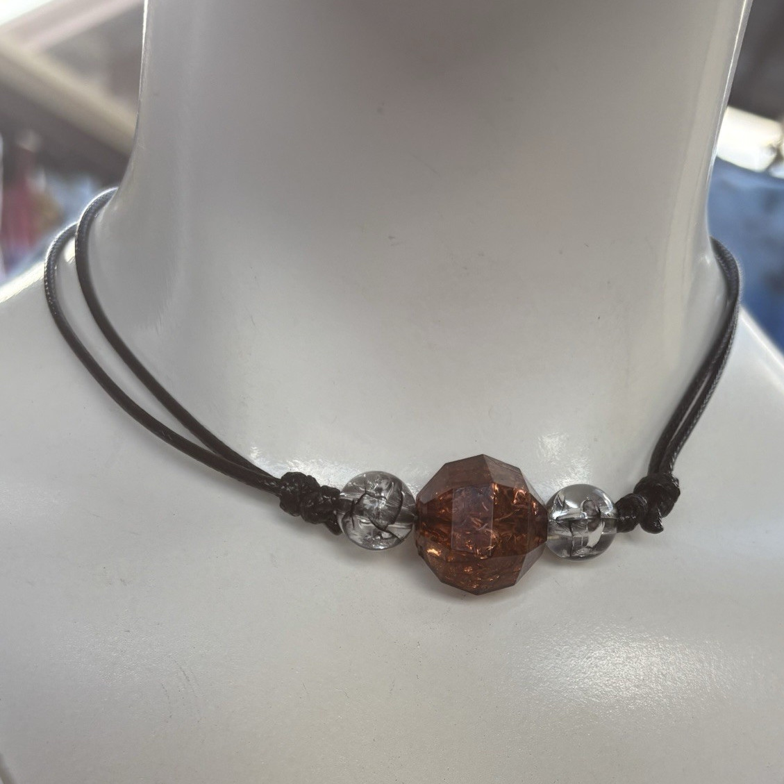 Round Glass Bead Pendant Black Cord Beaded Necklace Brown Clear Adjustable