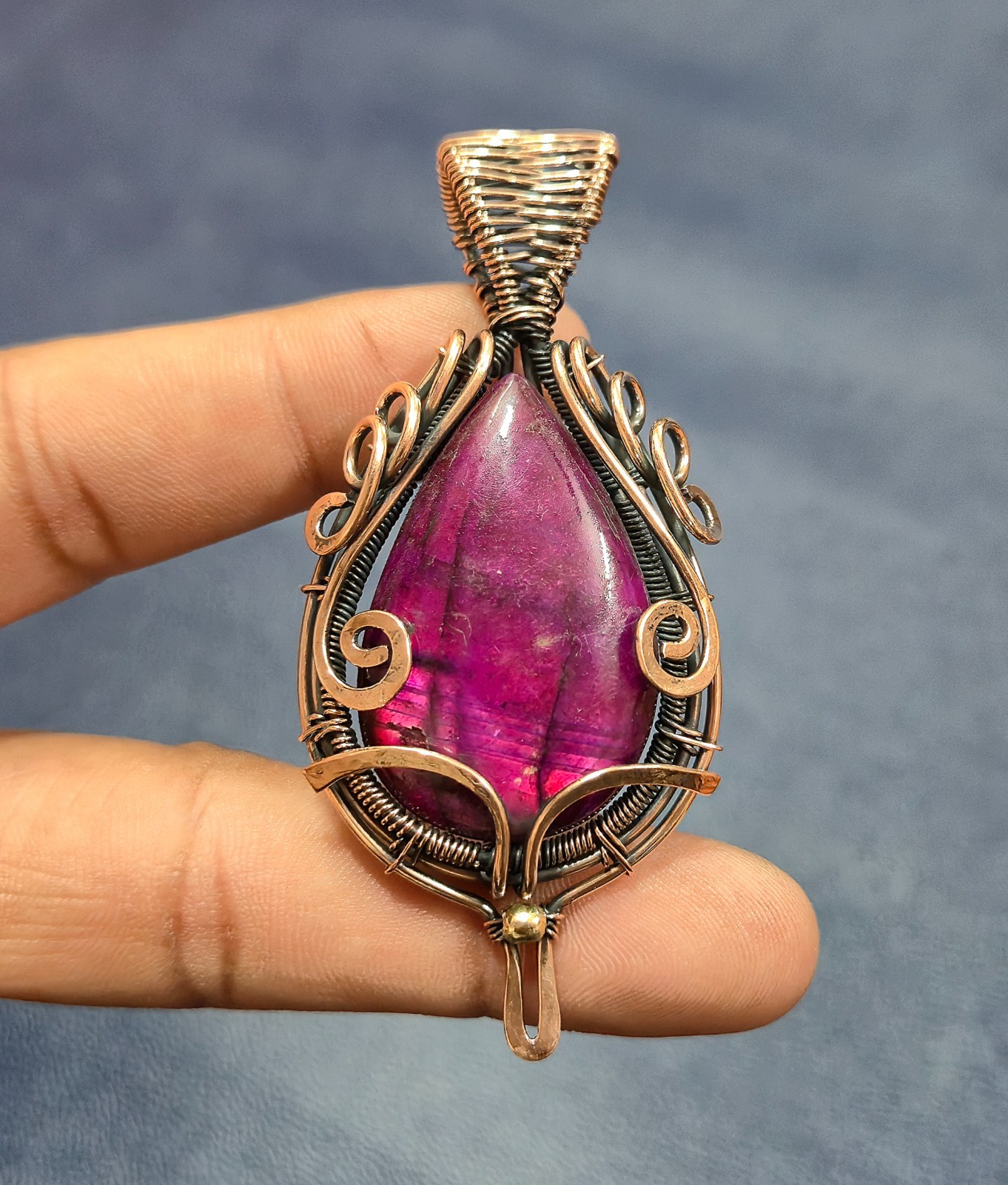 Pink Fire Labradorite Pendant Copper Wire Wrapped Jewelry Handmade Gem Jewelry