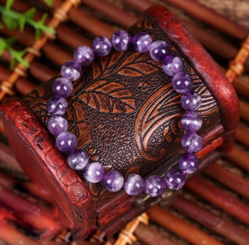 Amethyst Stretch Bracelet 10mm Purple Crystal Beaded February Birthstone Gift