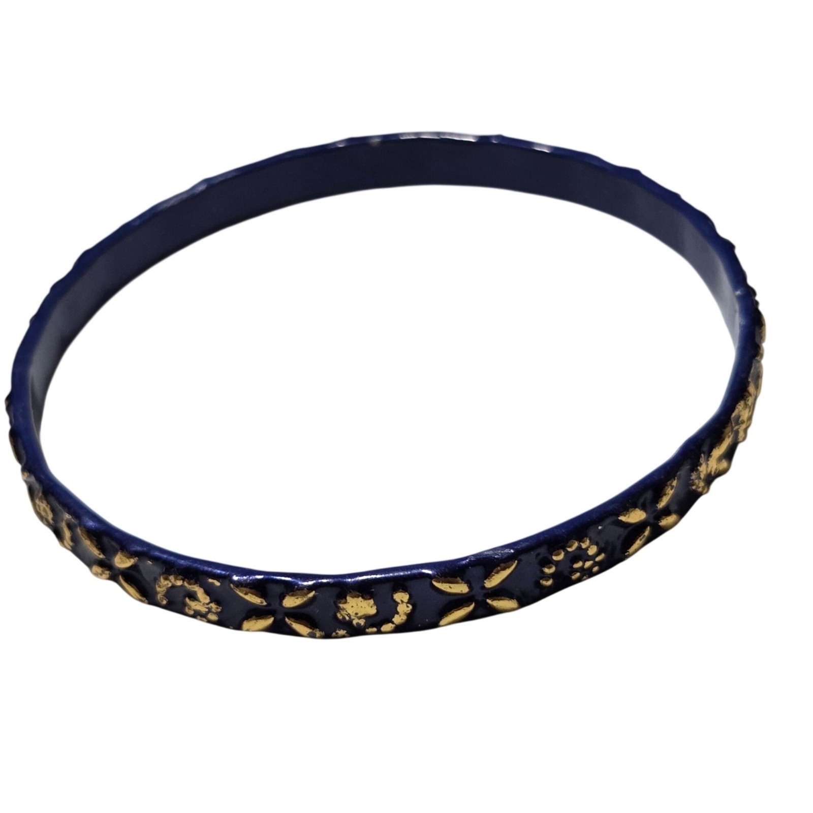Handcrafted Floral Pattern Bangle Bracelet Blue Gold Engraved Retro Fashion