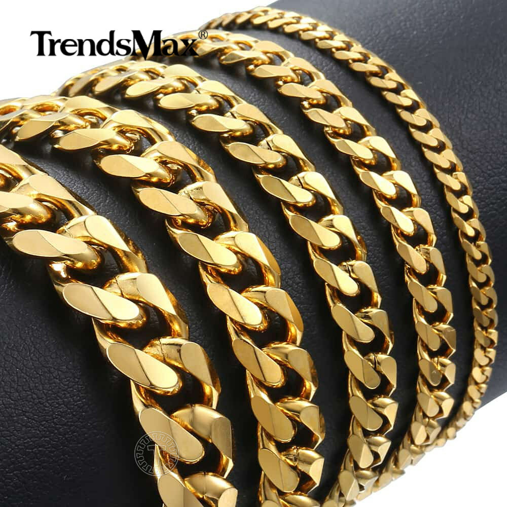 3/5/7/9/11mm Men’s Gold Plated Stainless Steel Bracelet Curb Cuban Link Chain