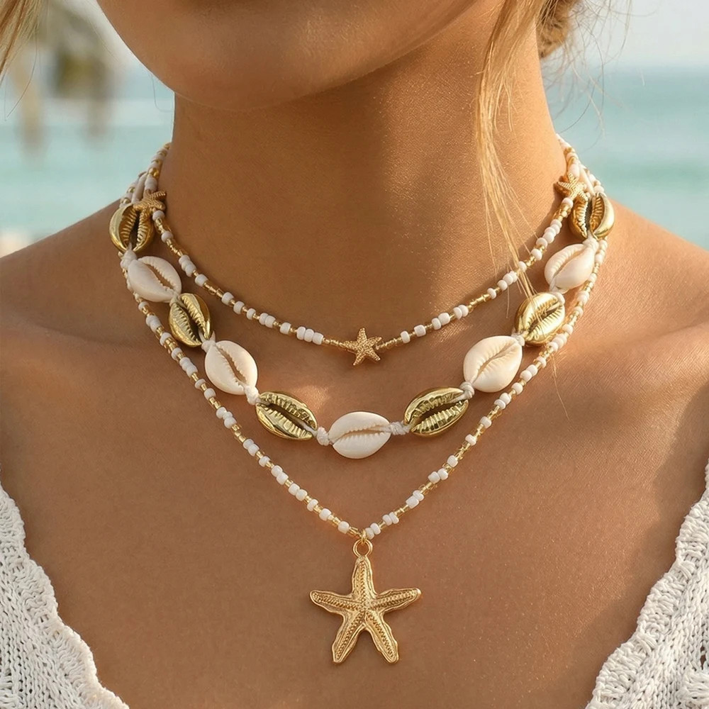 Women’s Boho 3 Layered Cowrie Shell Starfish Beaded Necklace Summer Beach Festiv
