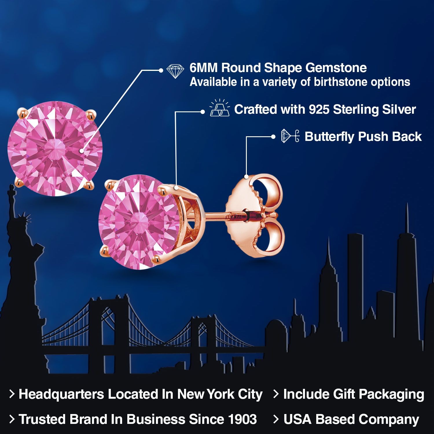 18K Rose Gold Plated Silver Stud Earrings Set with Pink Zirconia