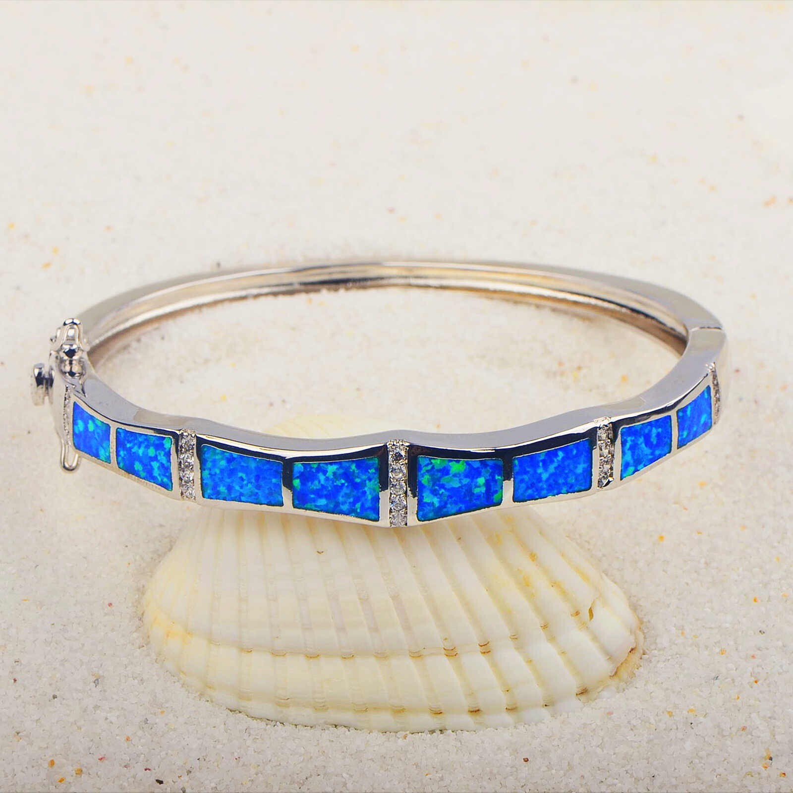 Hawaii Blue Opal Bar Cuff Bangles 925 Sterling Sliver Jewelry For Women Girls