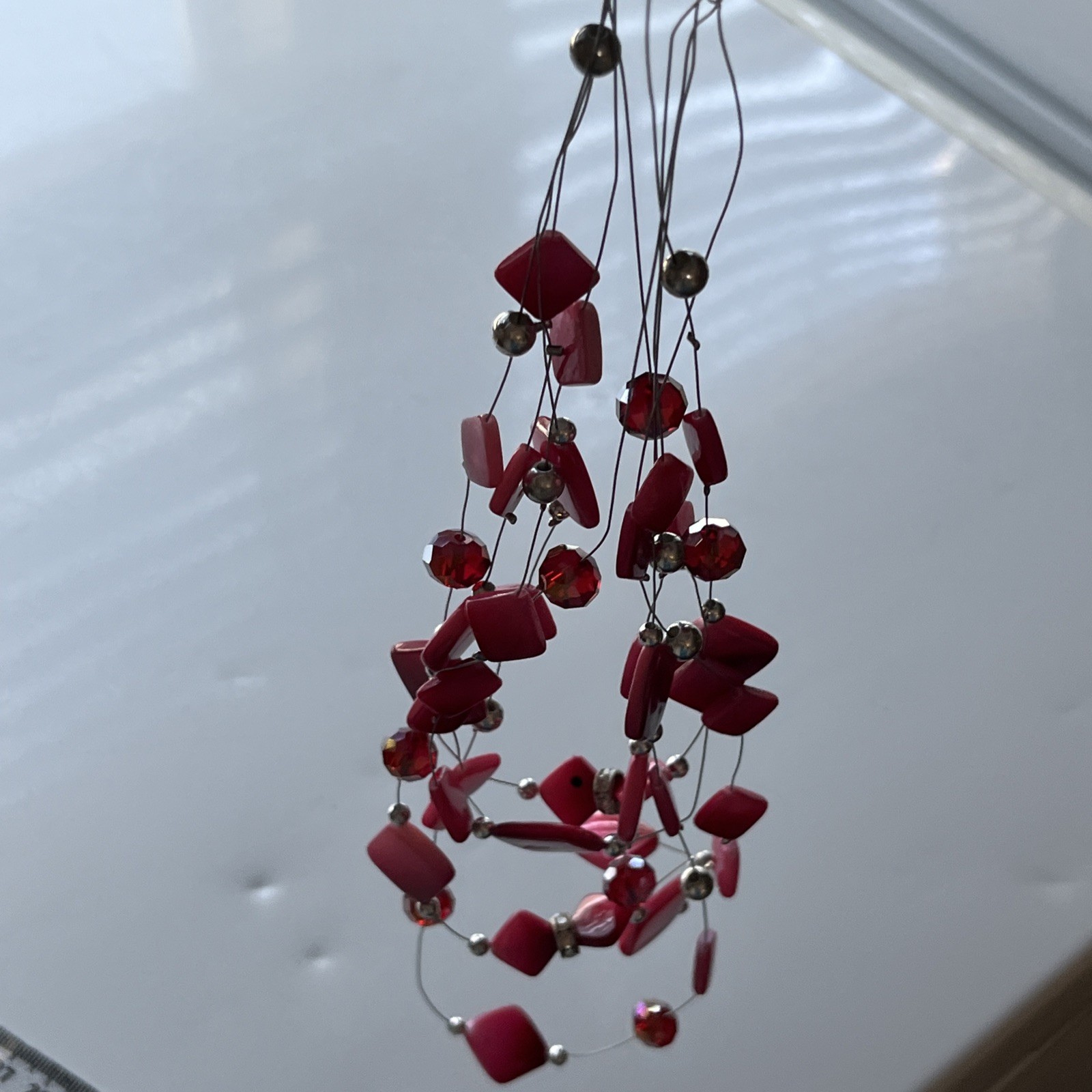 5 layers 27 inch Layered Hot Pink And Grey silver tones Beaded Necklace elegant