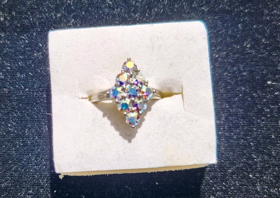 Swarovski Aurora Borealis Crystal Stone Ring Size 7 Platinum Plated