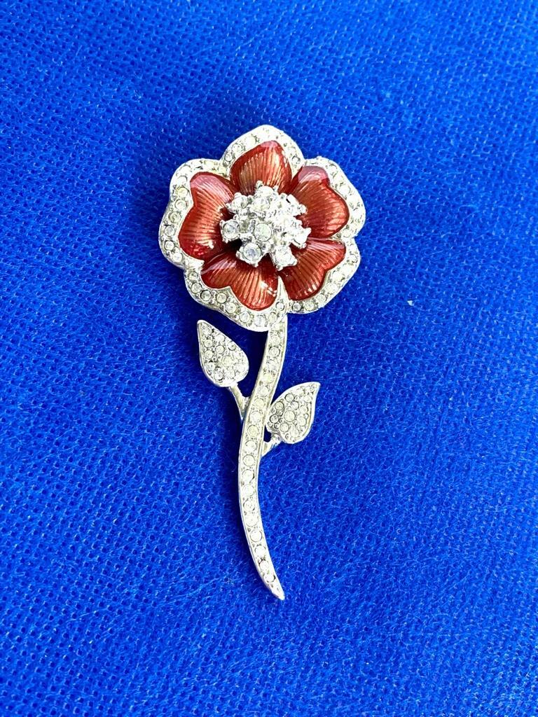 WOW! Signed Bijoux Cascio Silver Tone, Rhinestone & Copper Finish Floral Brooch