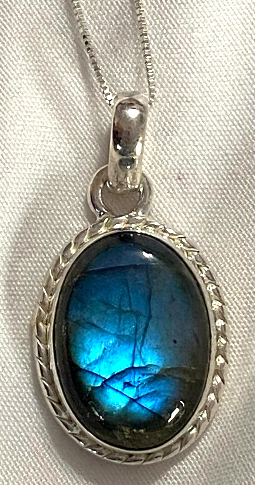 Blue Fire Labradorite Necklace 925 Sterling Silver 3/4″ x 1/2″ Box Chain 18″ SS