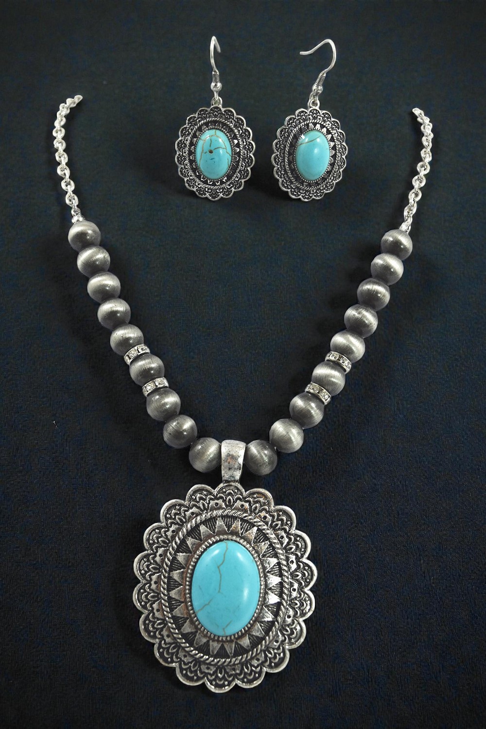 Cowgirl jewelry Boho Blue Faux Turquoise Pendant Necklace & Earrings Set For Her