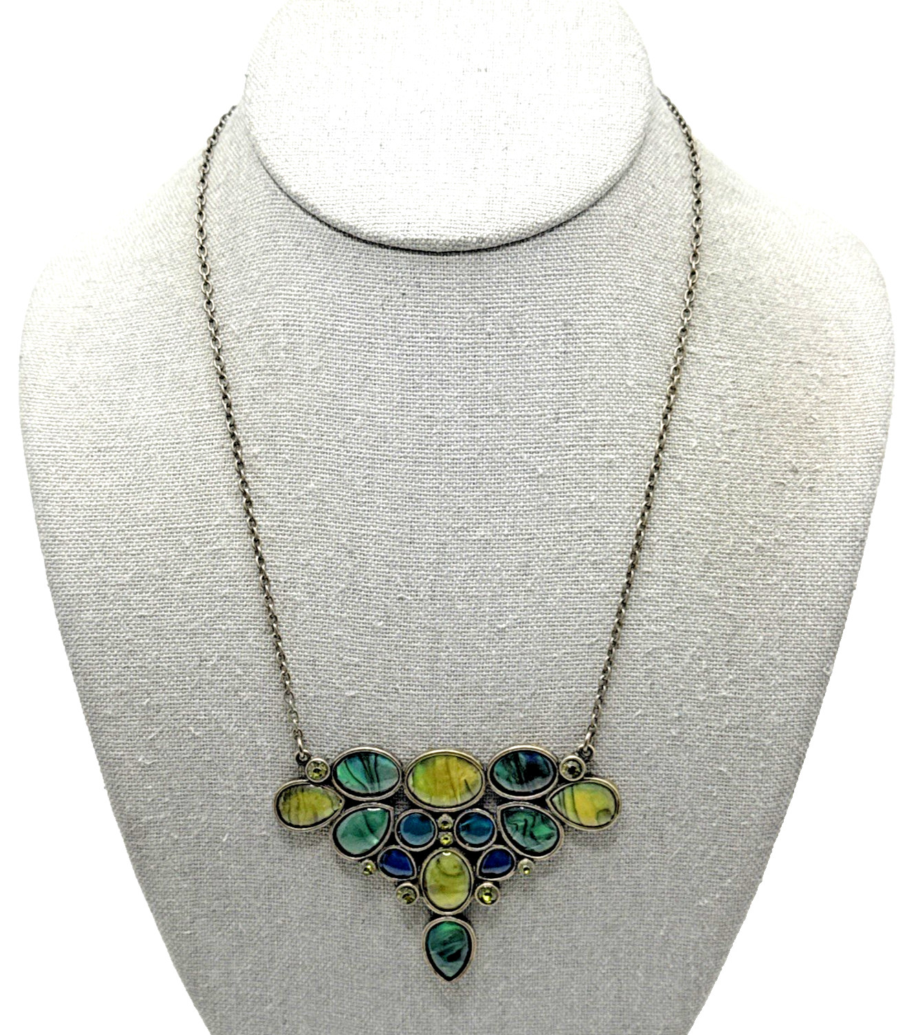 Abalone Pendant Necklace Bronze Tone Oval Cabs Green Rhinestone Accent 19″ – 22″