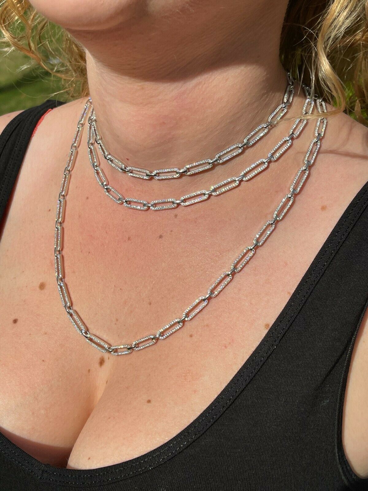Ladies Solid 925 Sterling Silver Paperclip Chain Iced Simulated Diamonds 5mm