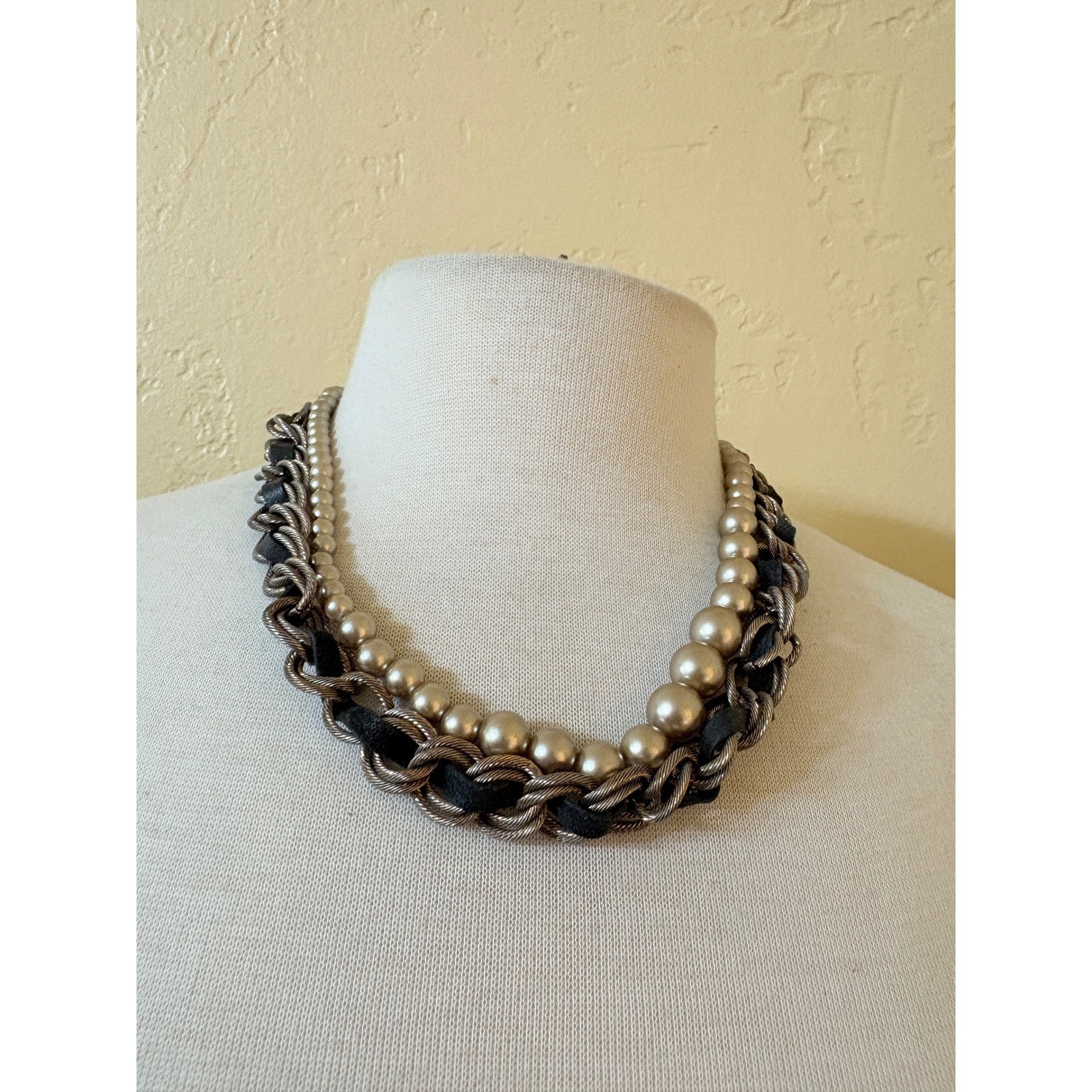 Loft Chunky Multi Strand Necklace Gold Tone Chain Faux Pearl Leather Statement