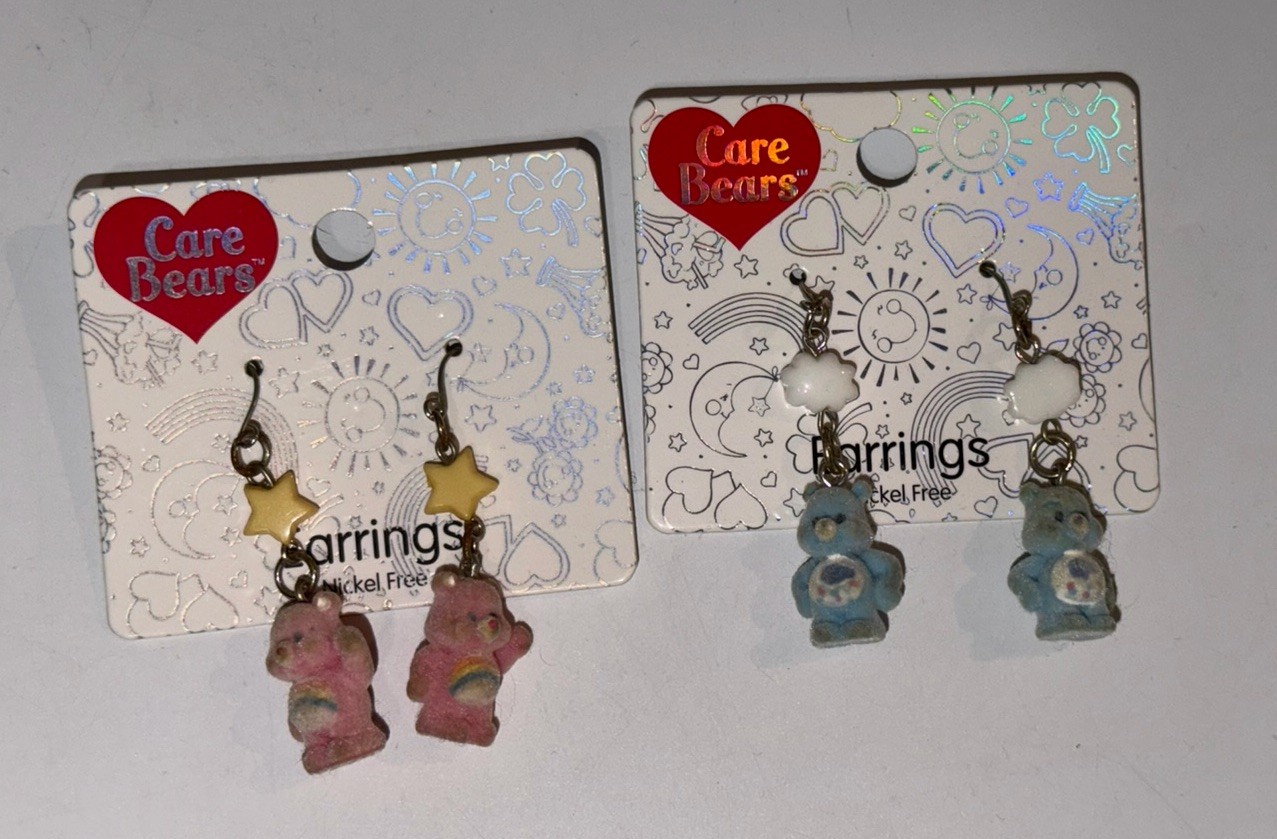 Hot Topic Care Bears Lot Of 2 Sets Earrings 3D Flocked Pink Cheer Bear & Grumpy