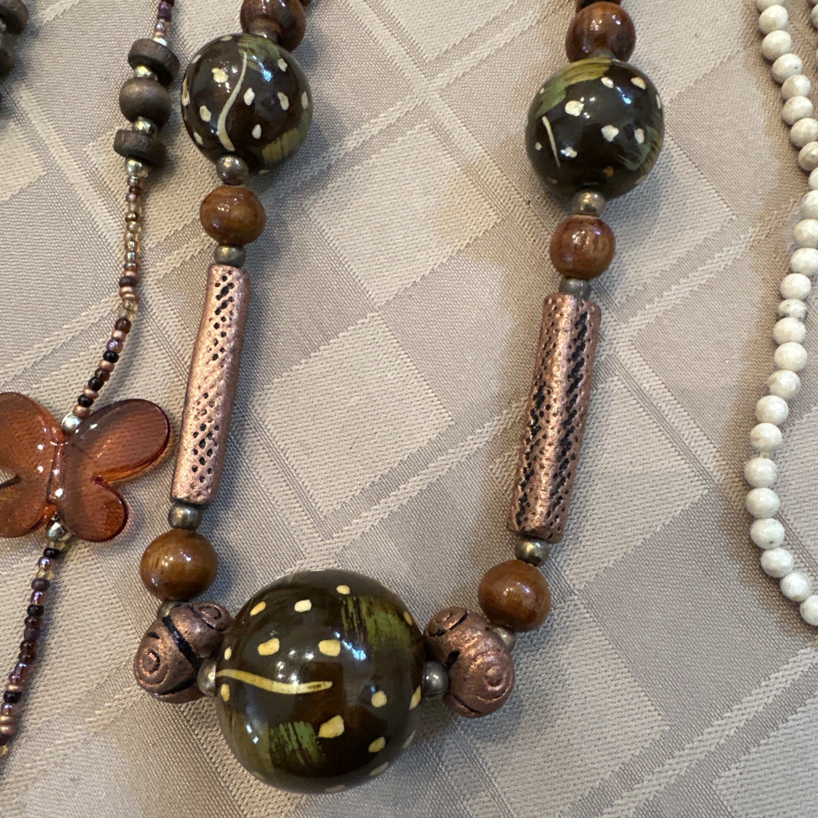Lot 3 Handmade Collaborations Necklaces Brown Wood Copper Butterfly Beaded Boho