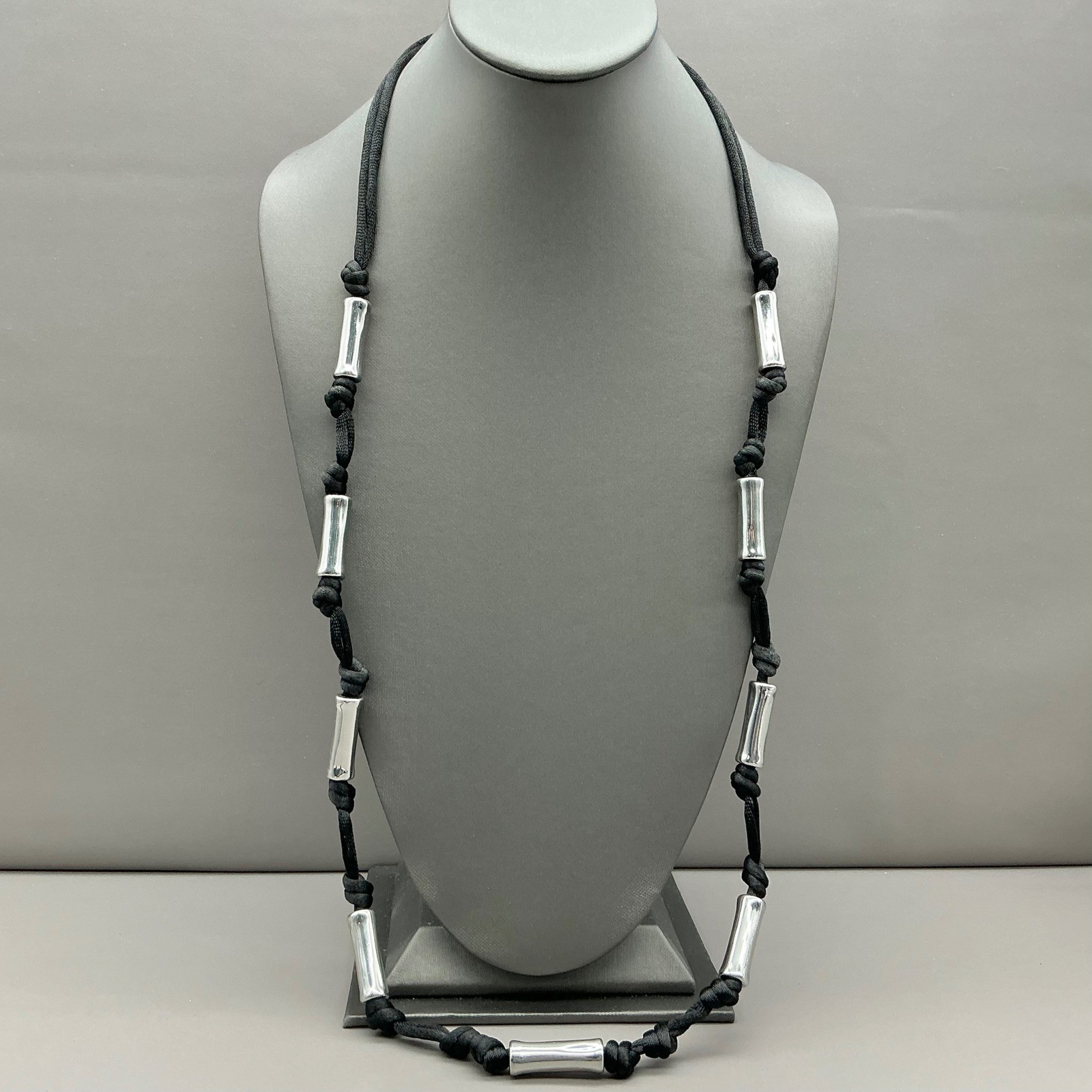 Chicos Necklace Women Silver Tone Black Cord Knotted Tube Bead Adjustable 30 In