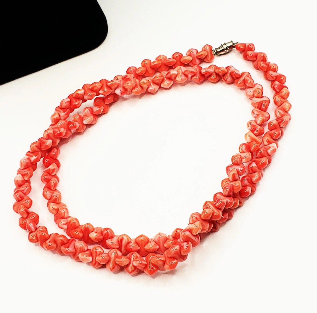 Coral Bone Bead Pressed Glass Strand Necklace – 26″ Inches Long