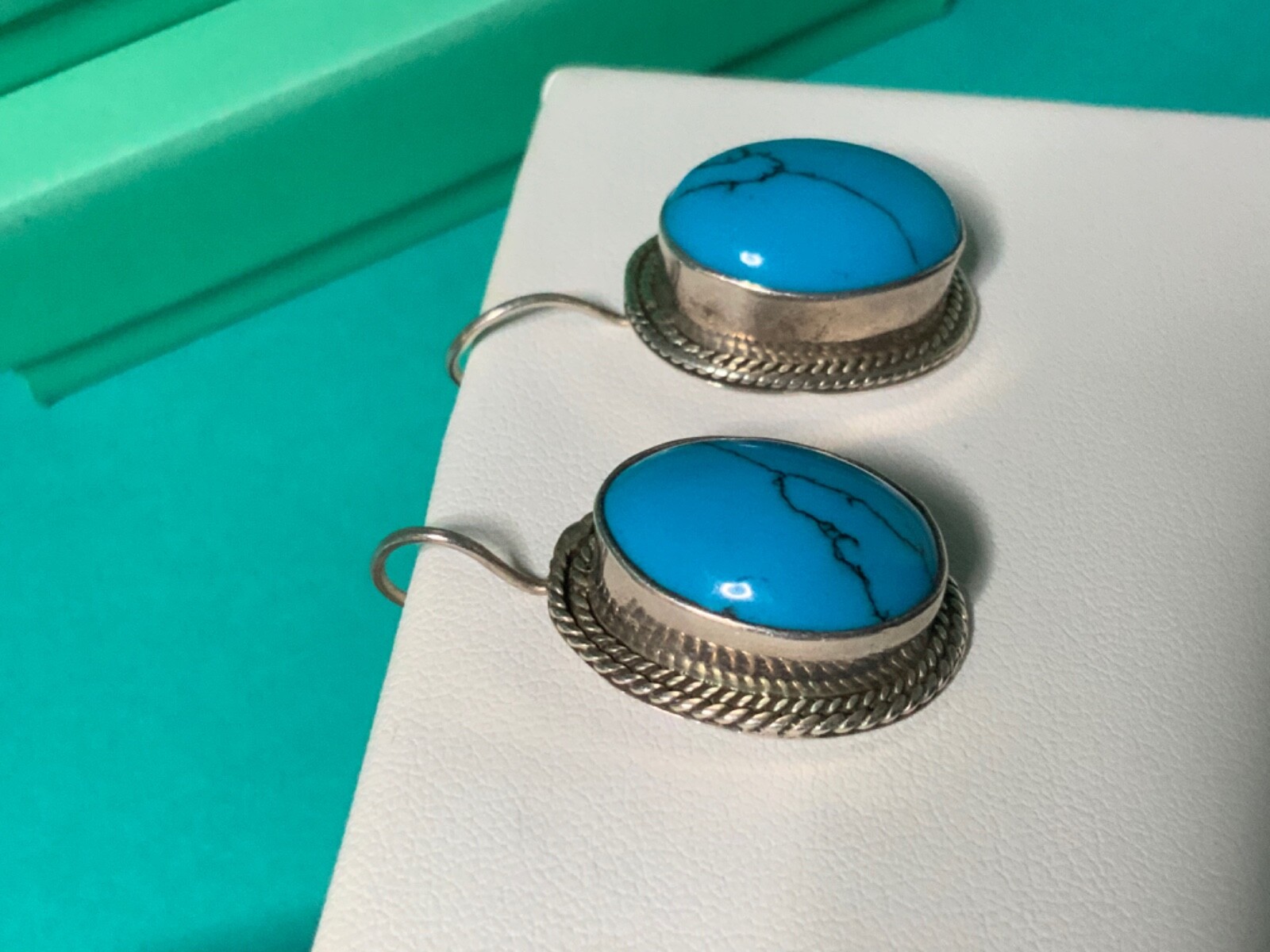 🌸 Ladies 925 Sterling Silver Oval Faux Turquoise French Wire Earrings ( E9)