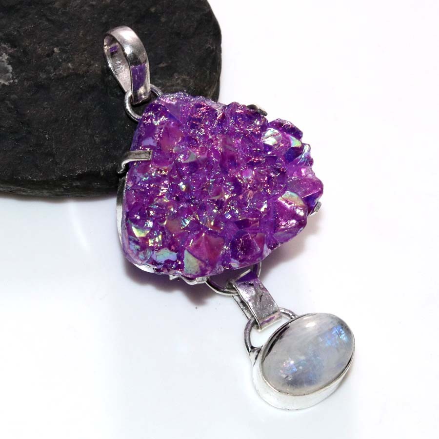 Long Purple Titanium Druzy Rough Rainbow Moonstone Pendant 2.4″ Trendy GW