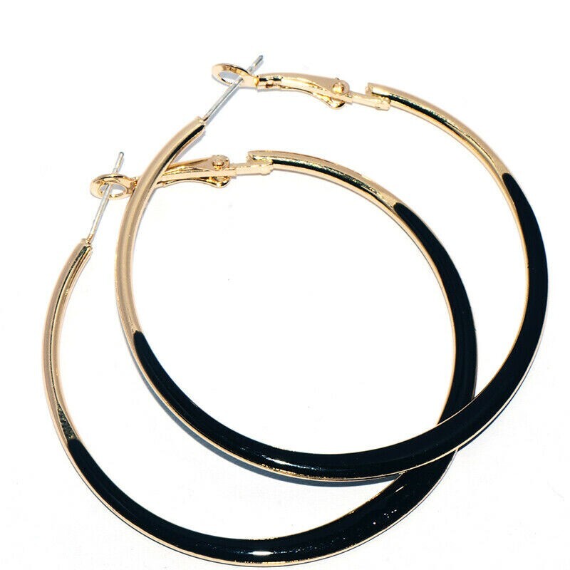 Awesome New Yellow Gold Plated Black Enamel Accented Round 2″ Hoop Earrings