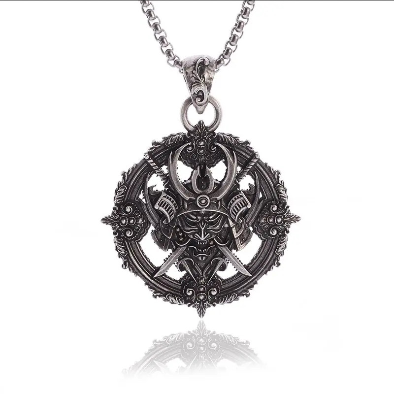 Samurai Devil Jewelry Vintage-Silver Ninja Wisdom Medallion Pendant Necklace