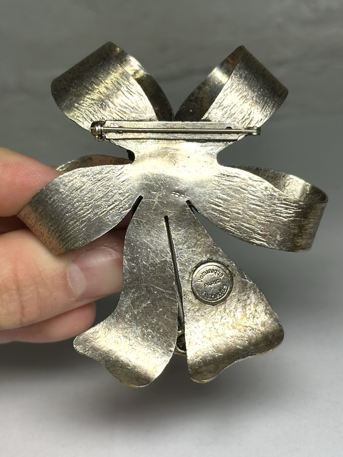 Rare Dominique Aurientis Paris Rhinestone Bow Brooch Silver Tone Large VTG