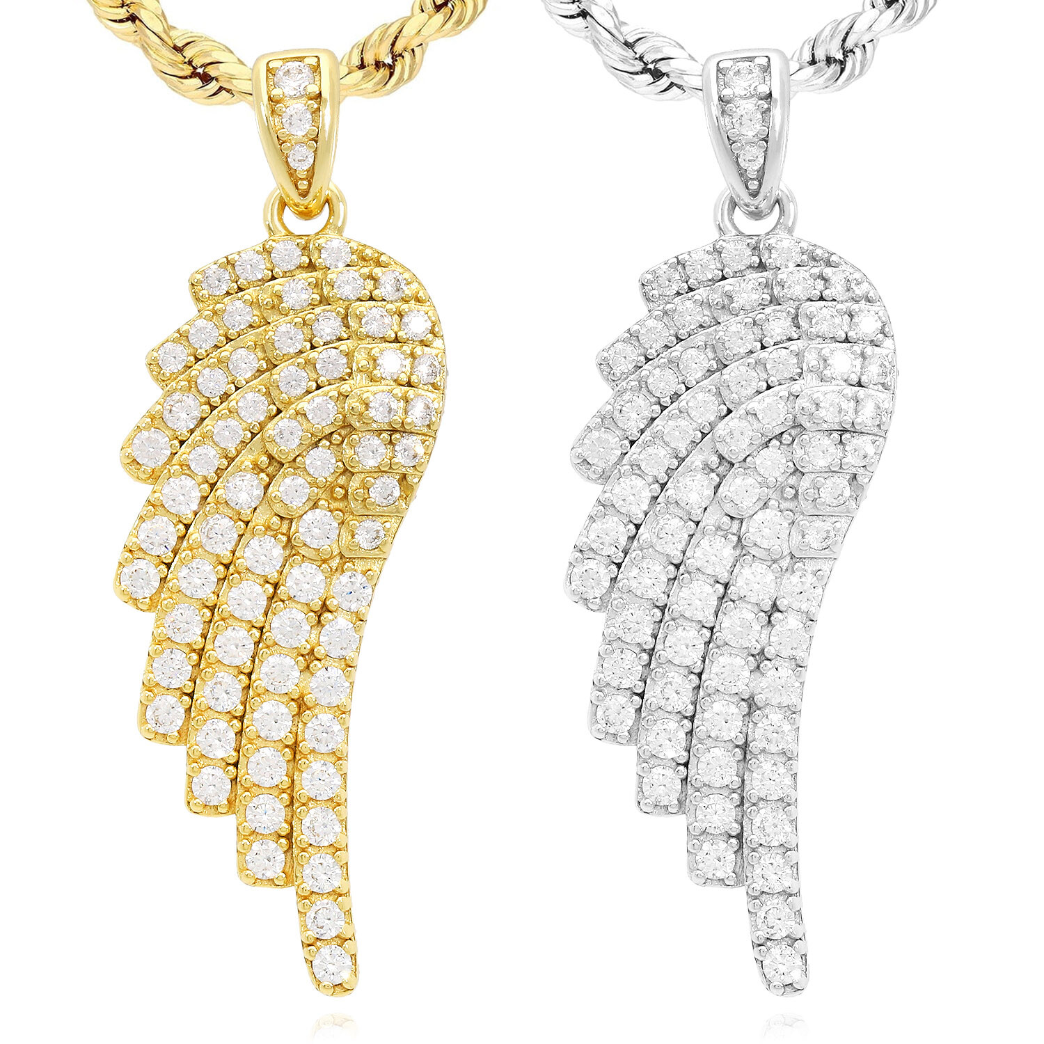 14k Gold Over 925 Silver White Zirconia Pave Angel Wing Charm Pendant 1.77″