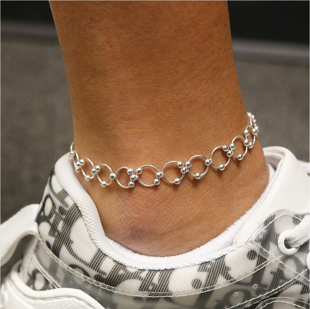 Italian 925 Sterling Silver Diamond Cut Beaded Circle Link Bracelet and Anklet