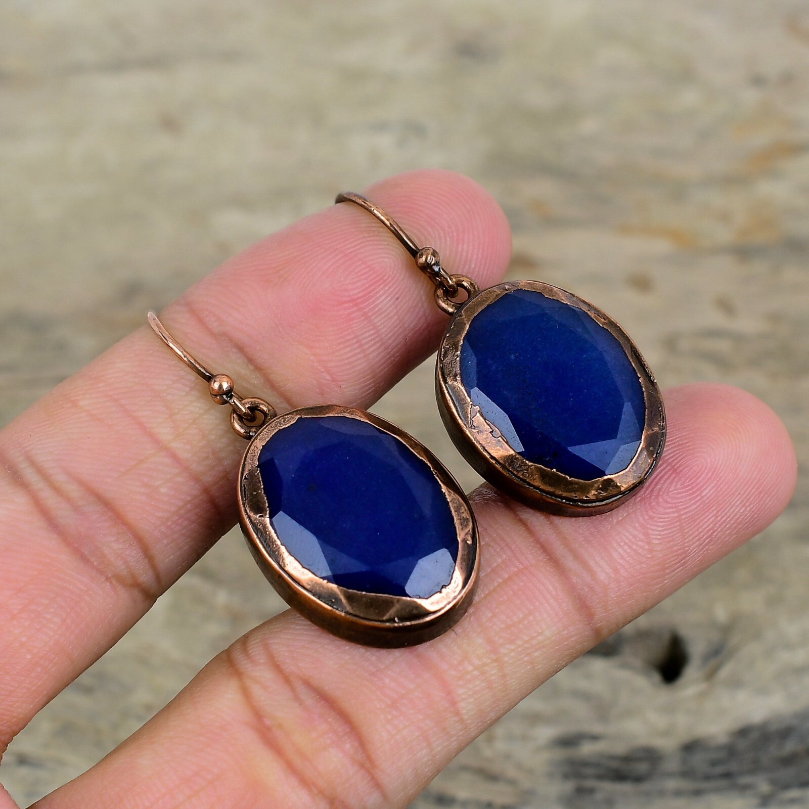 Oval Blue Saphire Gemstone Copper Birthday Electroformed Drop Hook New Earrings