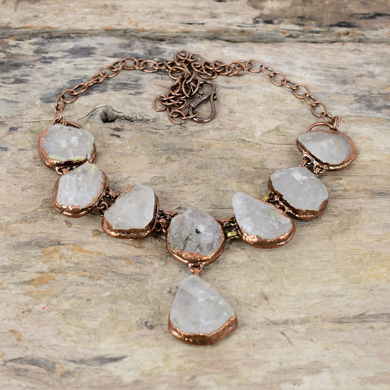 Rainbow Moonstone Rough Electroformed Chain Adjustable Necklace Copper 18.0″