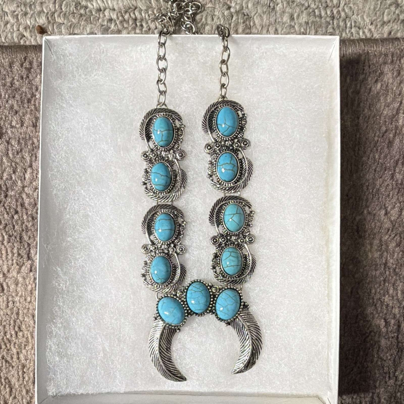 Silver Tone Turquoise Blue Oval Cabochon Crescent Charm Pendant Necklace 8 Stone