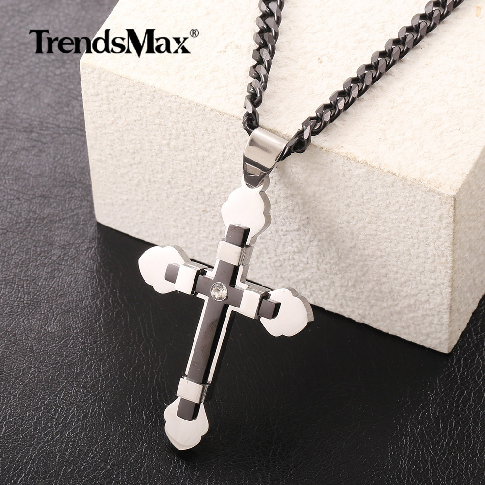 18″-26″ Stainless Steel Cross Necklace Pendant For Men’s Religious Black Silver